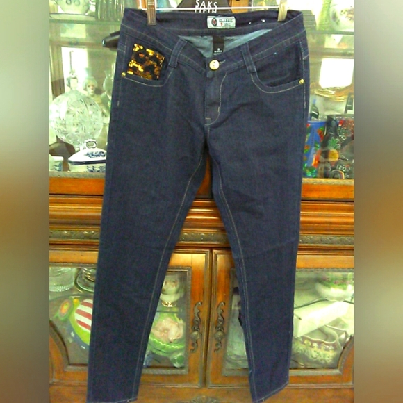 BNWOT Classic Skinny Jeans in Blue W/ Gold SEQUINS SZ. 9 By SP CLASSIC STRETCH - Picture 1 of 10